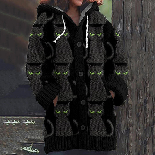 Balck Cat Pattern Cozy Hooded Knit Sweater elevenforest
