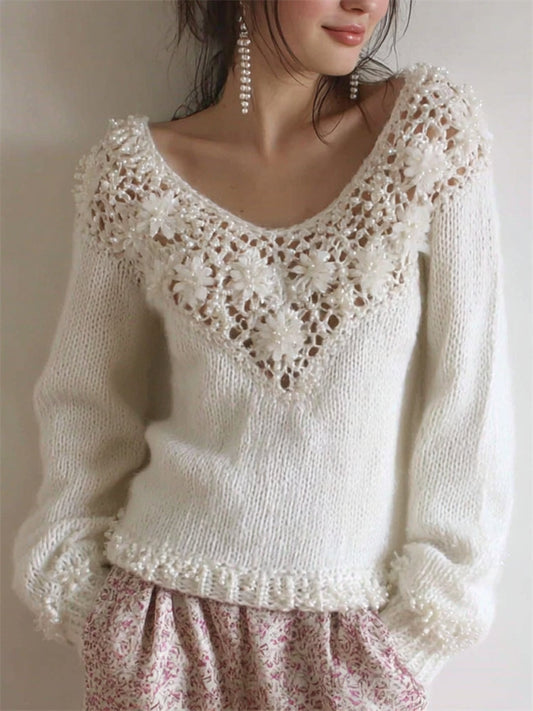 Vintage Pearls Beaded Floral Lace Cozy Knit Sweater elevenforest