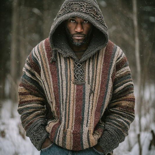 Men's Retro Colorful Striped Celtic Art Knit Hooded Sweater artswardrobe