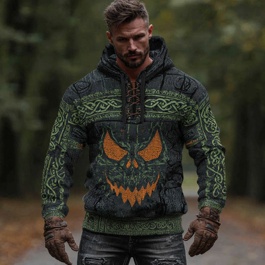 Men's Vintage Viking Halloween Ghost Face Embroidered Hoodie artswardrobe