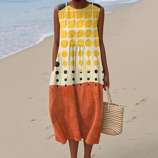 Women's Retro  Abstract Geometric Cotton And Linen Sleeveless Dress artswardrobe