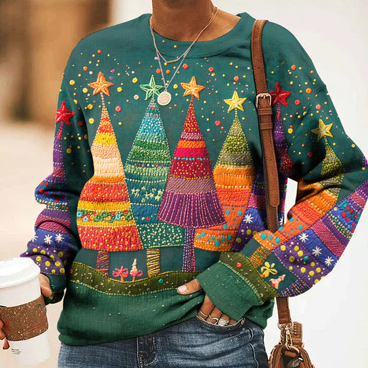 Comstylish Women's Christmas Colorful Christmas Tree Print Casual Sweatshirt