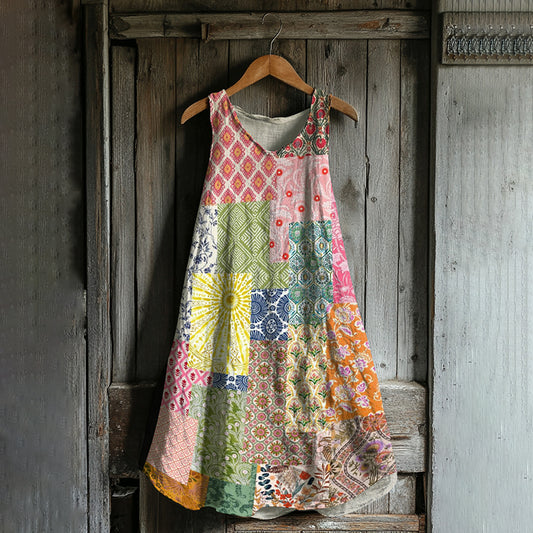 Vintage Floral Patchwork Art Linen Blend Tank Dress artswardrobe