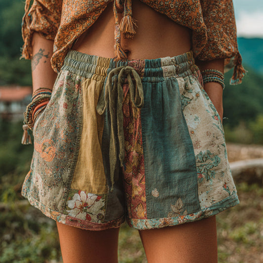 Comstylish Women's Patchwork Floral Contrast Waist Drawstring Pocket Shorts