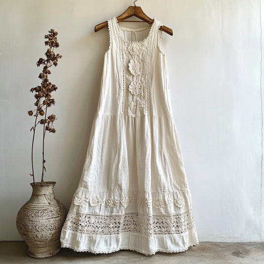 Elegant Floral Lace Cutout Design Linen Sleeveless Dress artswardrobe