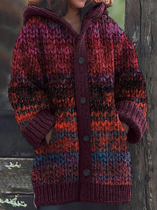 Vintage Colorful Chunky Knit Cozy Hooded Cardigan elevenforest