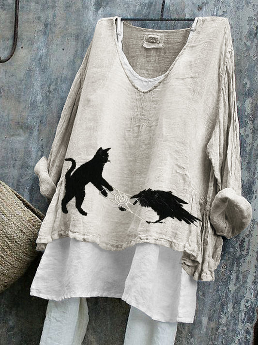 Comstylish Vintage Black Cat & Raven Embroidered Linen Tunic