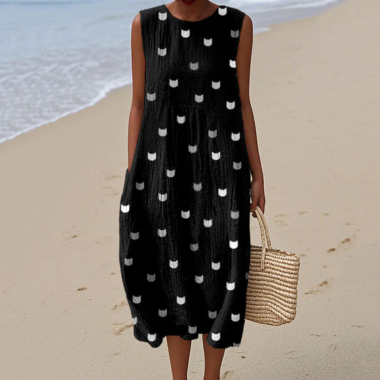 Cute Little Kitty Pattern Cozy Linen Tank Dress artswardrobe