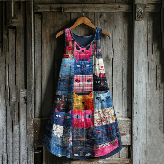 Comstylish Abstract Cat Patchwork Art Women's Linen Tank Dress