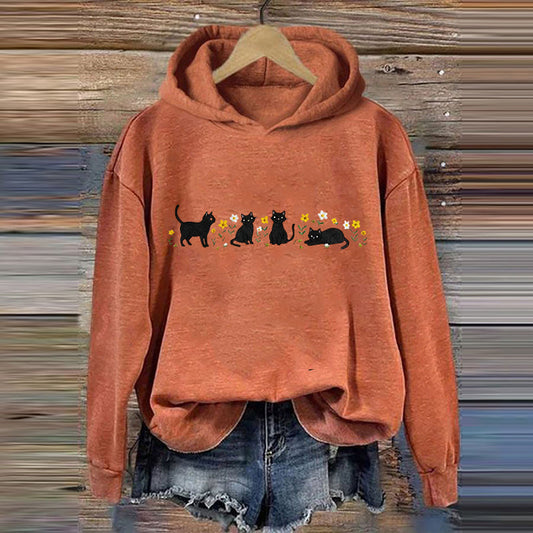Women's Cute Floral Black Cat Embroidered Print Hoodie elevenforest