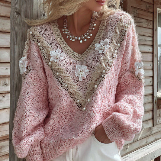 Vintage Floral Pearl Embroidery Patchwork V Neck Cozy Cable Knit Sweater elevenforest
