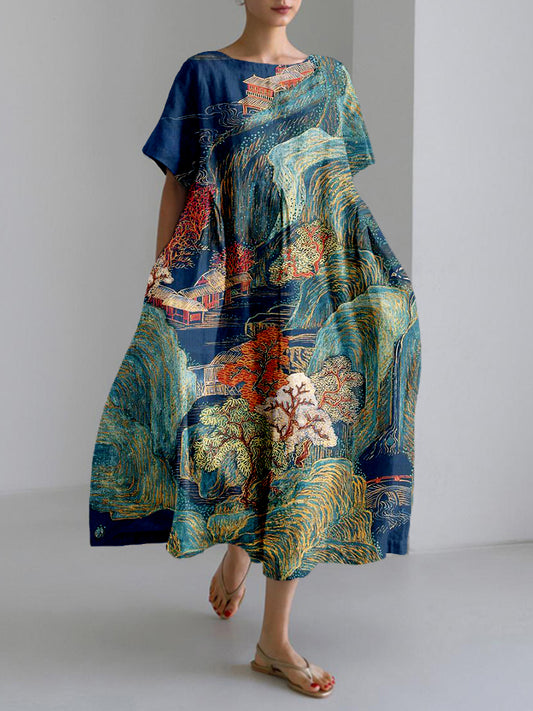 Comstylish Vintage Mountain Landscape Art Linen Blend Maxi Dress