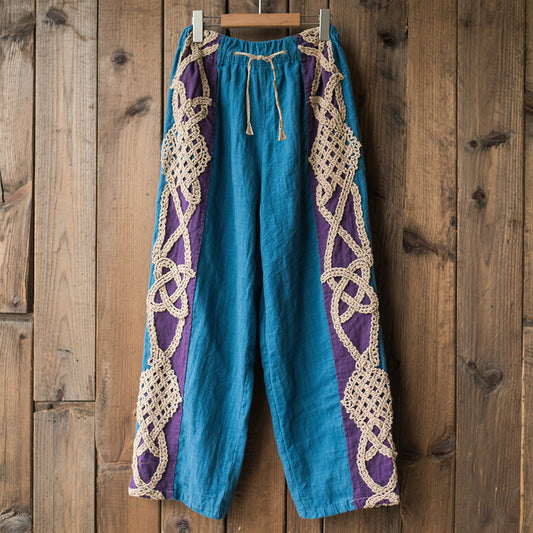 Women's Contrast Color Celtic Knot Lace Embroidery Art Comfort Casual Pants artswardrobe