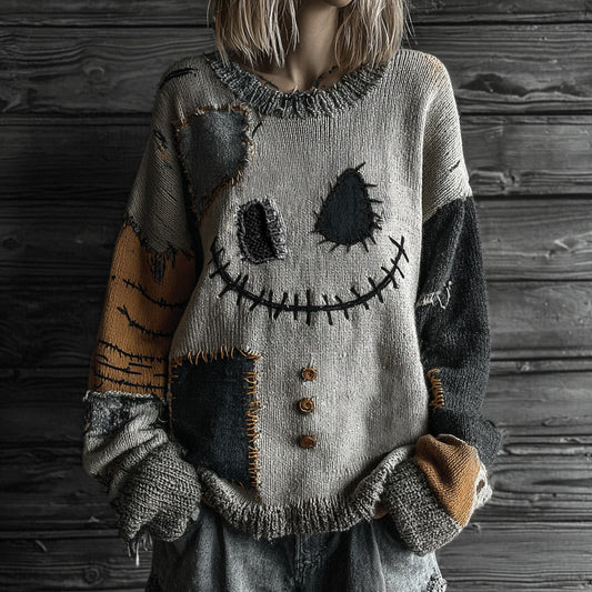 Halloween Spooky Face Contrast Stitched Cozy Knit Sweater elevenforest