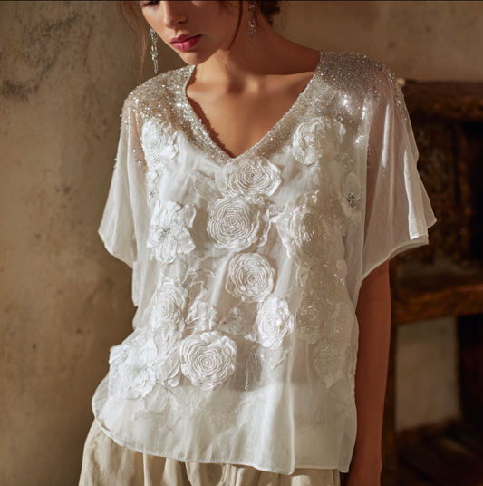 Bohemian Style Woman's V-neck White Rose Short-sleeved Shirt artswardrobe