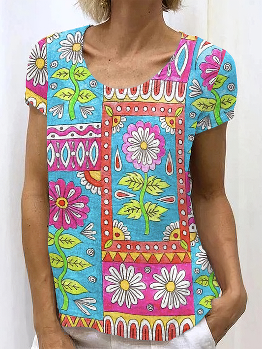 Women's Vintage Floral Art Linen Crew Neck T-shirt artswardrobe