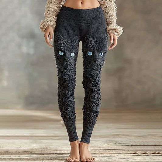 Vintage Cute Cat Face With Roses Art Embroidered Cozy Knit Leggings elevenforest