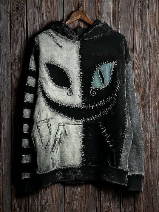 Halloween Cat Face Contrast Stitched Striped Washed Hoodie elevenforest