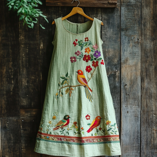 Comstylish Vintage Birds & Floral Embroidery Art Sleeveless Midi Dress