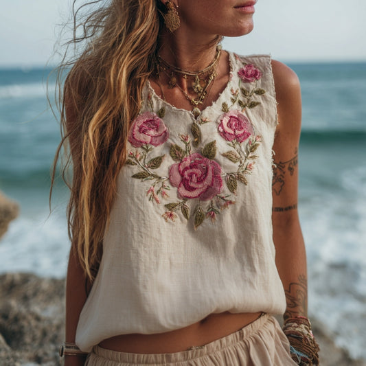 Women's Vintage Floral Embroidery Art Linen Comfy Sleeveless Top artswardrobe