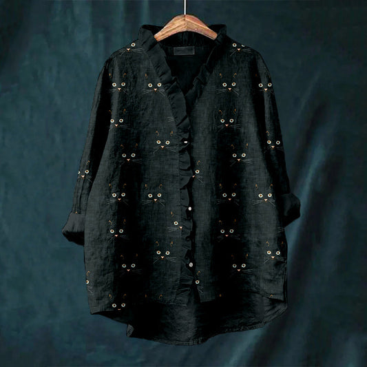 Cute Cat Face Pattern Cozy Linen Ruffle Shirt elevenforest