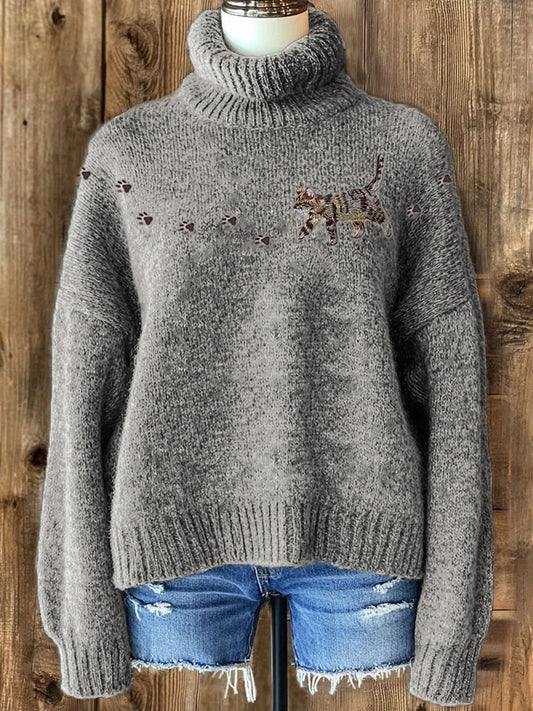 Cat & Paw Prints Yoke Embroidered Cozy Knit Turtleneck Sweater elevenforest