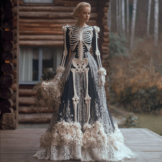Comstylish Women Halloween Skeleton Skeleton And Rose Night Gothic Long Dress