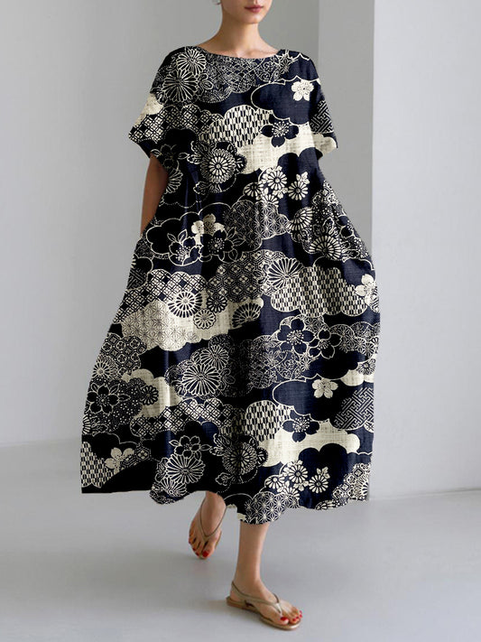 Comstylish Cherry Blossom Clouds Japanese Art Linen Blend Maxi Dress