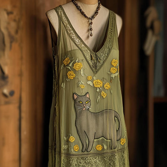 Comstylish Vintage Floral Pop Art Cat Blended Women's Dress