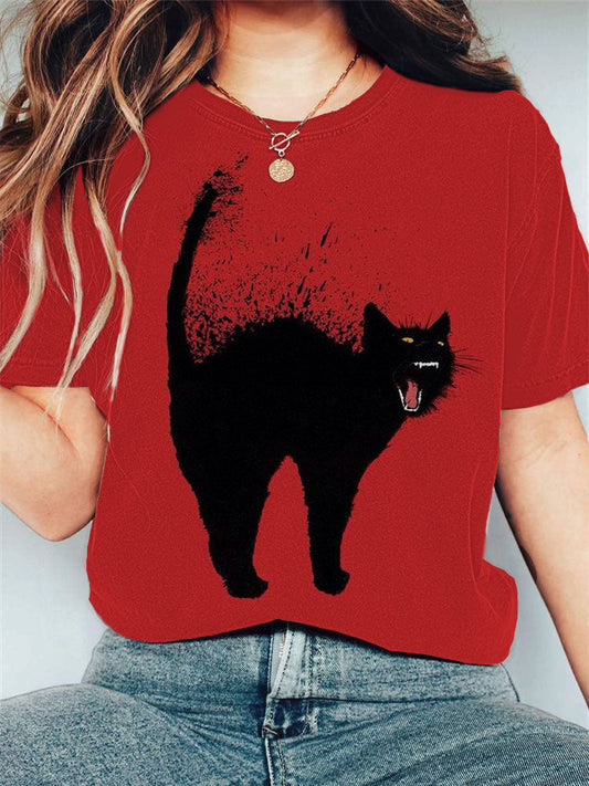 Women's Casual Halloween Black Cat  Print T-shirt elevenforest