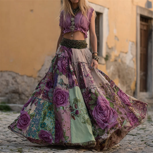 Boho Vintage Purple Roses Patchwork Flowy Wide Skirt artswardrobe