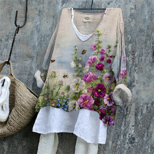 Comstylish Women's Floral Embroidered Linen Blend Vintage Shirt