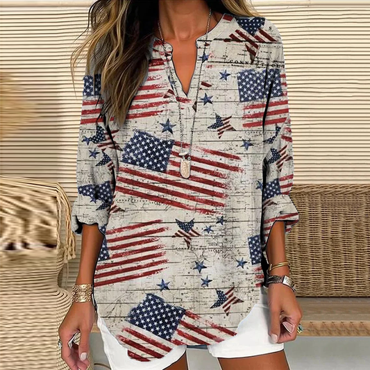 Comstylish Women's Independence Day America Flag Print Casual Short Sleeve Shirt
