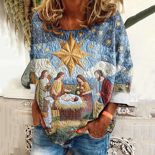 Comstylish Christmas Nativity Print Loose Sweatshirt