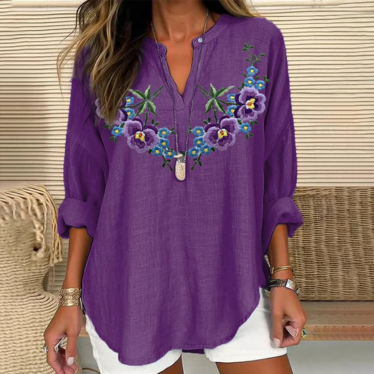 Comstylish Women's Purple Flower Art Print V Neck Long Sleeve Casual Shirt