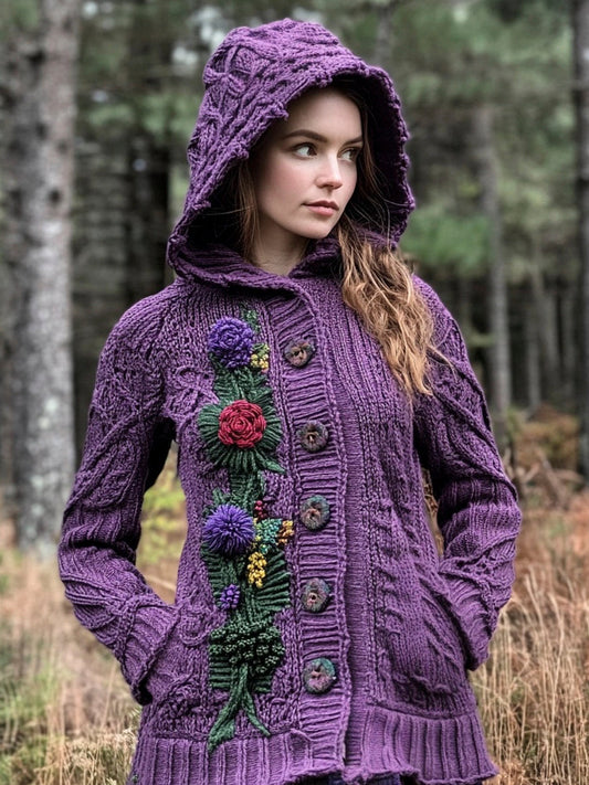 Scottish Thistle Knit Floral Women's Hooded Sweater Long Cardigan elevenforest