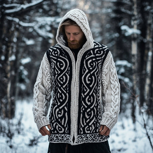 Men's Viking Celtic Knot Jacquard Contrast Hooded Sweater elevenforest