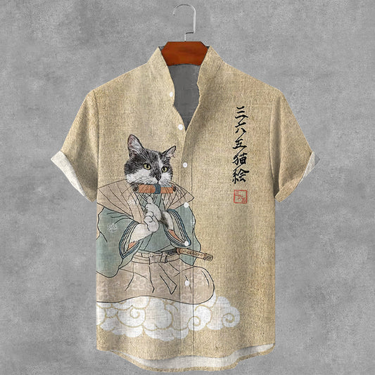 Men's Japanese Cat Art Linen Shirt elevenforest