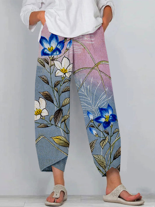Comstylish Blue And White Flower Vintage Japanese Art Linen Pants