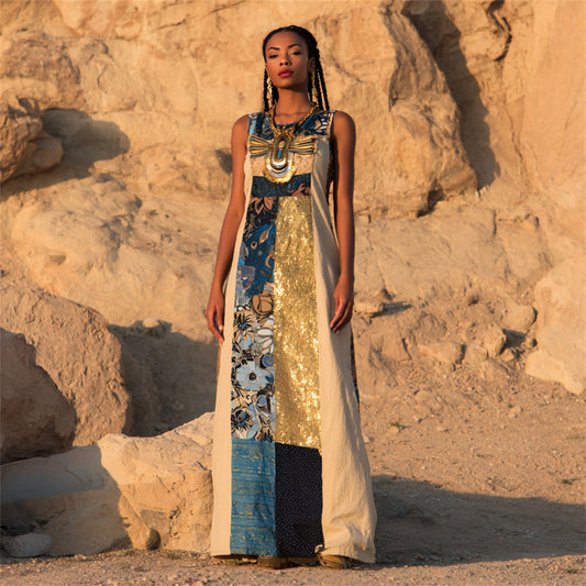 Dragonfly Floral Patchwork Art Women's Linen Round Neck Vest Maxi Dress artswardrobe