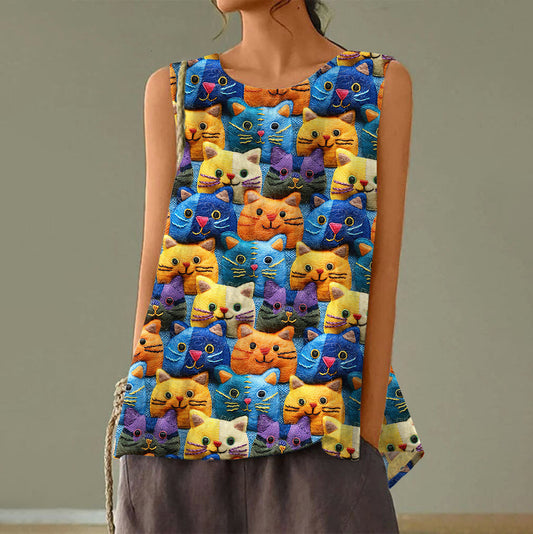 Women's Pop Art Embroidered Cat Print Tank Top elevenforest