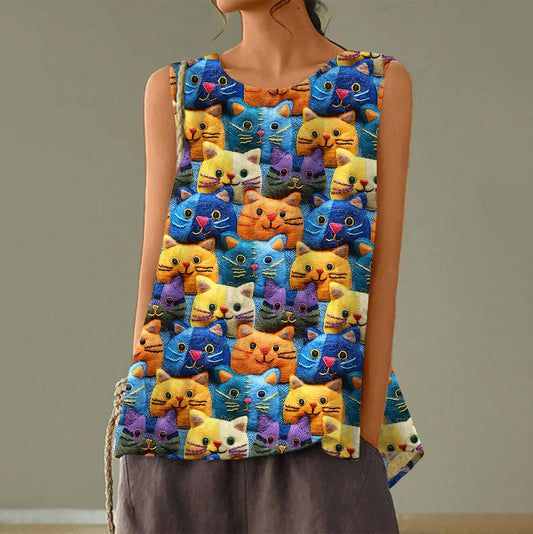 Comstylish Women's Pop Art Embroidered Cat Print Tank Top