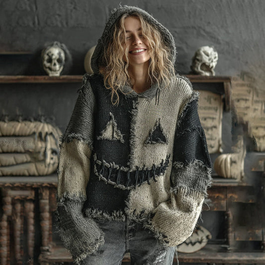 Halloween Spooky Face Contrast Stitched Hooded Cozy Knit Sweater elevenforest