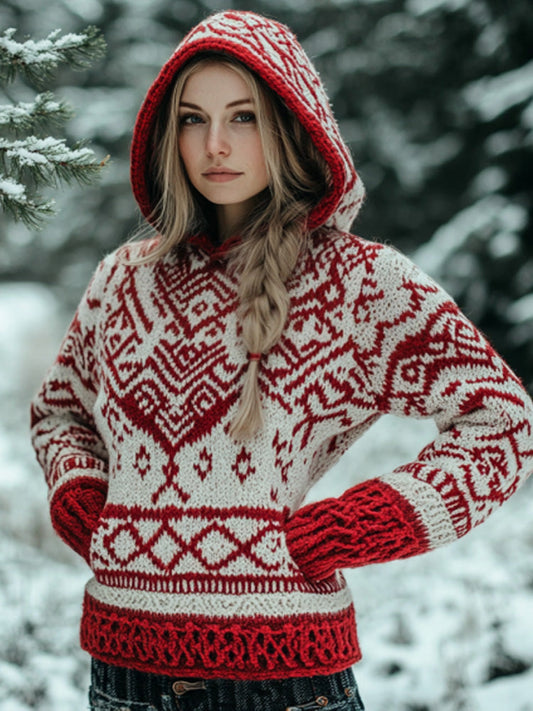Women's Vintage Viking Valentine's Day Love Jacquard Hooded Sweater elevenforest