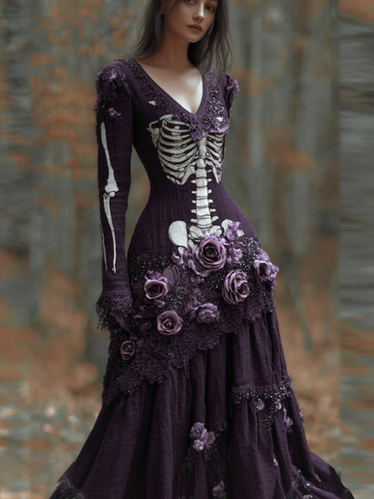 Comstylish Women's Halloween Skeleton Purple Rose V-neck Long Sleeved Vintage Dress