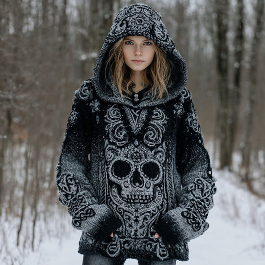 Women's Vintage Skull Gradient Art Knit Hooded Sweater elevenforest