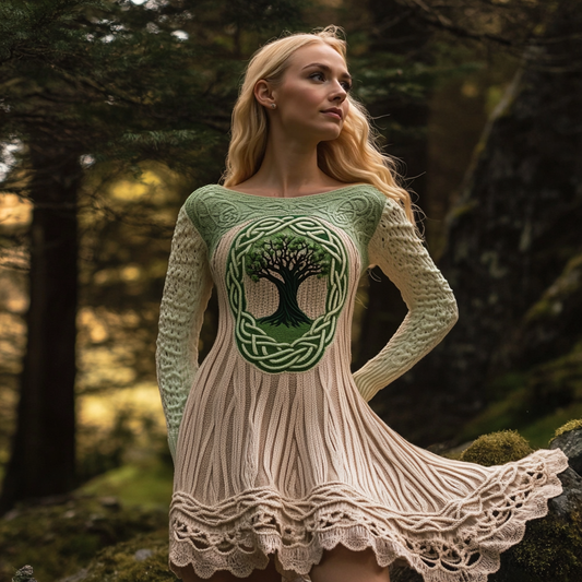 Women's Irish Celtic Tree Of Life Jacquard Sweater Dress elevenforest