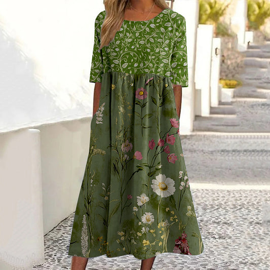 Women's Floral Casual Linen Short Sleeve Dress artswardrobe