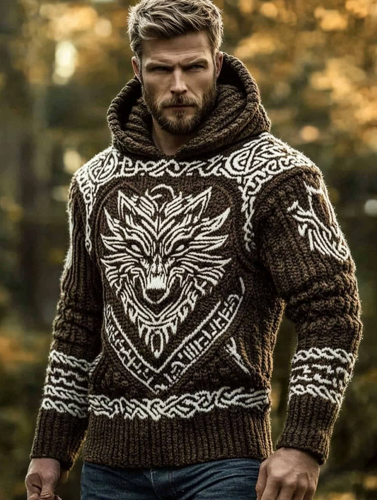Men's Viking Tribe Wolf Jacquard Celtic Style Knitted Hooded Sweater elevenforest