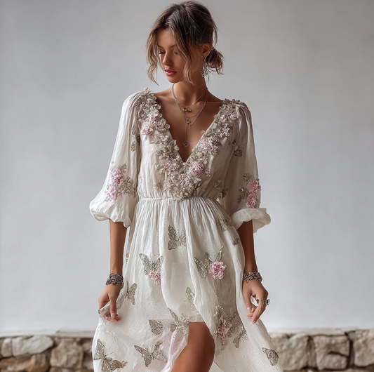 Comstylish Bohemian Style Plant Flower And Butterfly Pattern Embroidery Design V-neck Woman's Long Dress